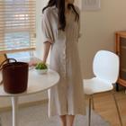Plain Short-sleeve Midi Shirt Dress Oatmeal - One Size