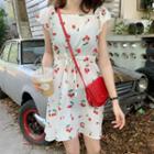 Cherry Printed Square-neck Short-sleeve Dress As Figure - One Size