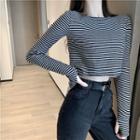 Striped Long-sleeve Slim-fit Top / High-waist Jeans