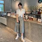 Short-sleeve Twisted Blouse / Gingham A-line Midi Skirt