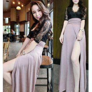 Lace Panel V-neck Short-sleeve Dress