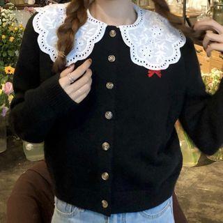 Long-sleeve Eyelet Lace Collar Blouse / Bow Embroidered Cardigan