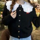 Long-sleeve Eyelet Lace Collar Blouse / Bow Embroidered Cardigan