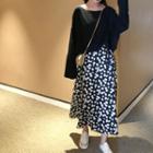 Long-sleeve Plain Top / Floral Midi Skirt