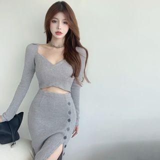 Set: Long-sleeve V-neck Knit Crop Top + Skirt