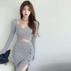 Set: Long-sleeve V-neck Knit Crop Top + Skirt