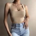 Sleeveless Square-neck Knitted Plain Crop Top