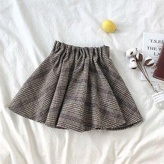 Color-block Plaid High-waist Flared Skirt