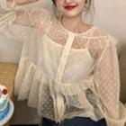Set: Long-sleeve Dotted Lace Blouse + Camisole Top Almond - One Size