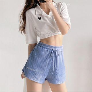 Heart-embroidered Loose-fit Cropped Polo Shirt