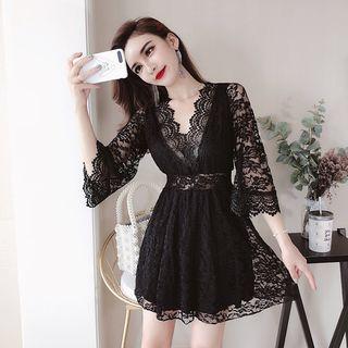 Bell-sleeve V-neck Mini Lace Dress