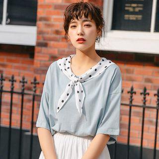 Short-sleeve Dotted Tie T-shirt Blue - One Size