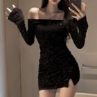 Long-sleeve Off-shoulder Glitter Mini Bodycon Dress Black - One Size