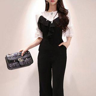 Lace Trim Elbow-sleeve Blouse / Spaghetti Strap Wide-leg Jumpsuit
