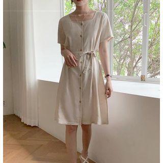 Short-sleeve Square-neck Tie-waist Plain Dress