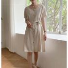 Short-sleeve Square-neck Tie-waist Plain Dress