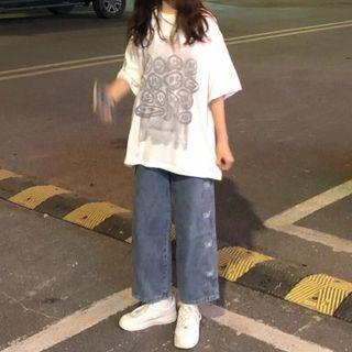 High-waist Washed Embroider Straight-cut Pants