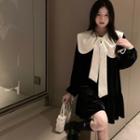 Long-sleeve Bow Mini Velvet Dress Black - One Size