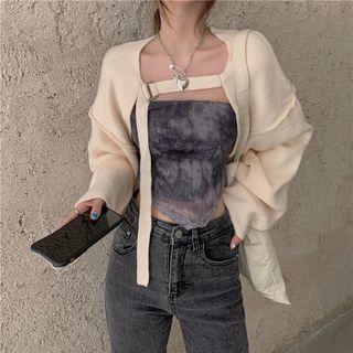 Set: Long-sleeve Shrug + Strapless Tie-dyed Top