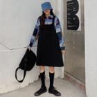 Long-sleeve Striped Shirt / A-line Dungaree Dress