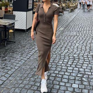 Short-sleeve Slit Maxi Bodycon Polo Dress