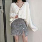 Furry Cardigan / Slit Tweed Skirt
