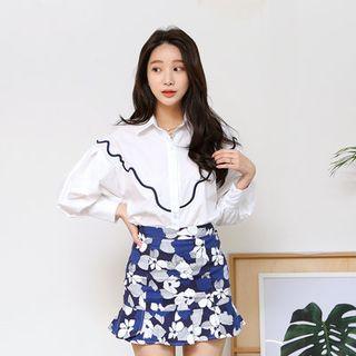 Balloon-sleeve Contrast-trim Blouse