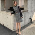 Ruffle Trim Long-sleeve Panel Plaid Mini A-line Dress