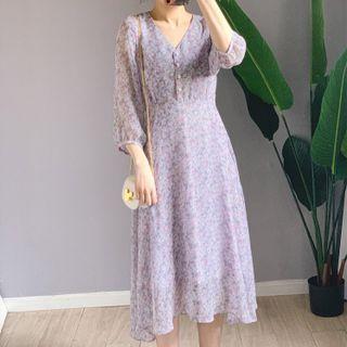 3/4 Sleeve V-neck Floral Chiffon Dress