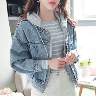 Inset Zip Hoodie Denim Jacket Blue - One Size
