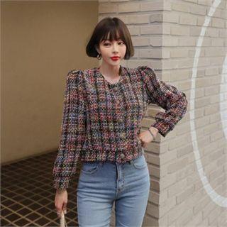 Puff-shoulder Multicolor Tweed Blazer
