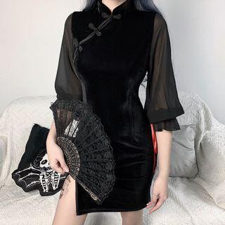 3/4-sleeve Mini Bodycon Qipao Dress