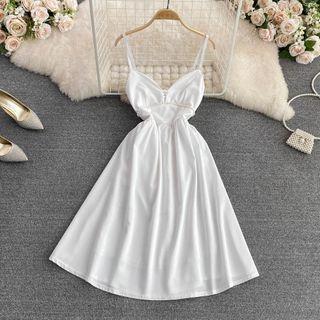 Spaghetti Strap Faux Pearl A-line Dress