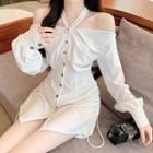 Long-sleeve Cold Shoulder Button-up Mini Sheath Dress