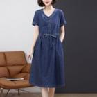 Short-sleeve Drawstring Waist A-line Denim Dress