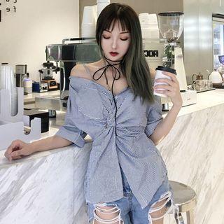 Elbow-sleeve Striped Twisted Shirt