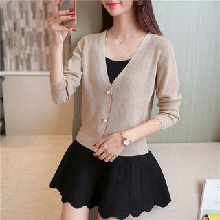 Faux Pearl Button V-neck Cardigan