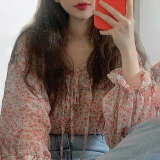 Bell-sleeve Tie Neck Floral Blouse As Shown In Figure - One Size