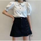 Short-sleeve Plain Blouse / Denim Lace-up A-line Mini Skirt
