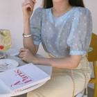 Puff-sleeve Dotted See-through Blouse Mint Green - One Size