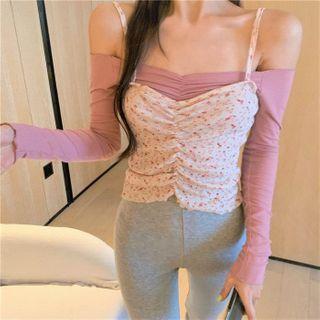 Off-shoulder Plain T-shirt / Sleeveless Flower Top