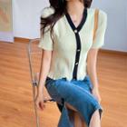 V-neck Two Tone Striped Button-up Knit Top