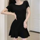 Short-sleeve Faux Pearl Trim A-line Dress Black - One Size