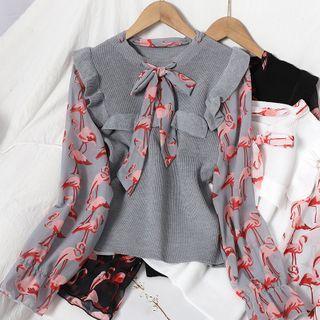 Long-sleeve Flamingo Print Knit Top