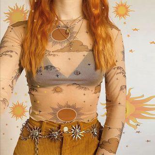 Printed Long-sleeve Mesh Cropped Top