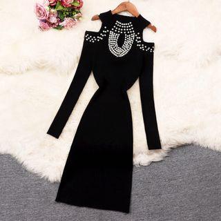 Cold Shoulder Rhinestone A-line Dress Black - One Size