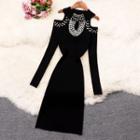Cold Shoulder Rhinestone A-line Dress Black - One Size