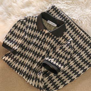 Short-sleeve Polo Collar Argyle A-line Dress