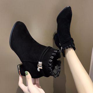 Ruffle Trim Chunky Heel Short Boots