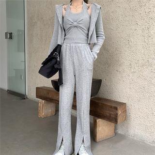 Bow Crop Tank Top / Hooded Cardigan / Wide-leg Pants